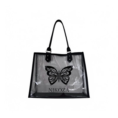 Bag transparent Mira Plastic Beach  Bag 2023 Beige/Black Beige Canvas Tote Beach Bag with black leather handles and Black leather trim Olga Nikoza Swimwear